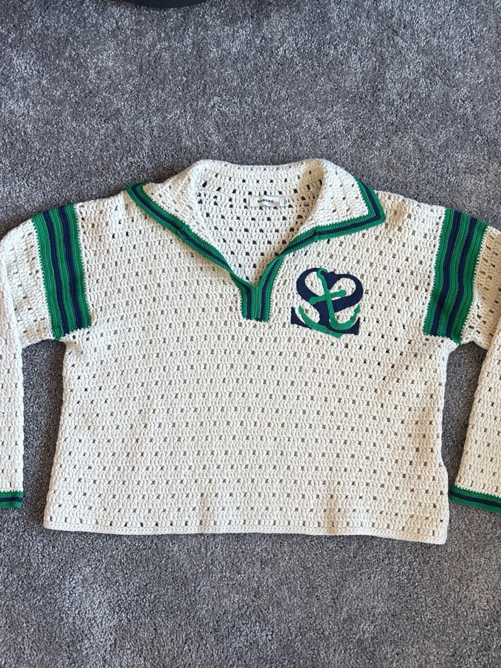 Sandro Crochet Pullover Sweater with Green & Navy Trim 3